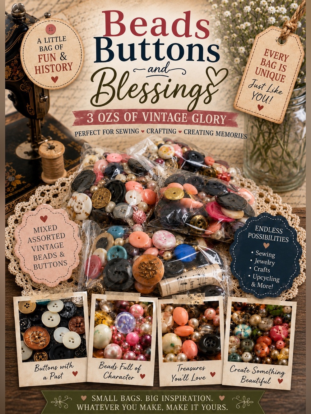 Mixed Assorted Vintage Beads Sewing Buttons - Multicolor Pack 3 oz